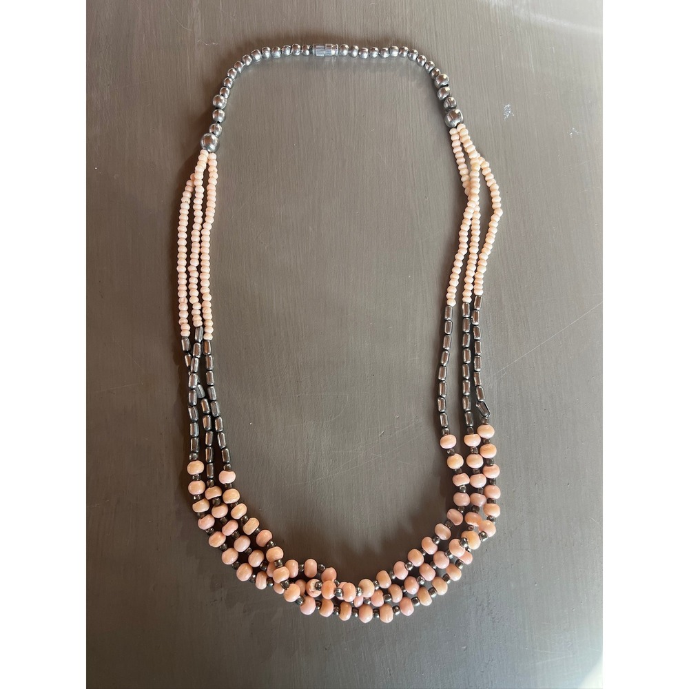 Multi-Strand Beaded Necklace 24" Peach Pink Silver Boho Layered
